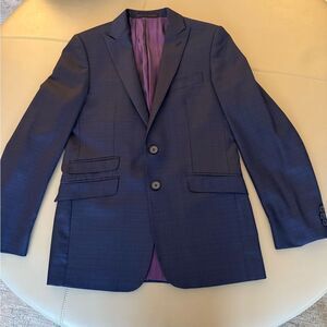 Princeton Model X Boys Navy/Black Plaid Wool Blazer Purple Lining. Size 18.